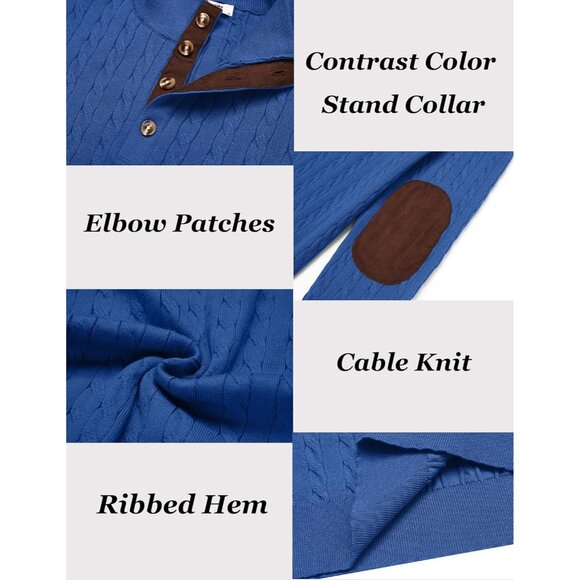 Men's Cable Knitted Pullover Sweaters Long Sleeve Stand Collar Button Up Blue - Picture 6 of 6
